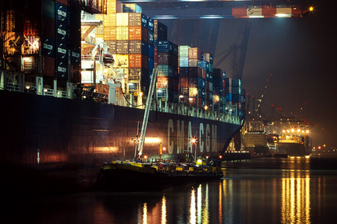 Container ship in the harbor of Hamburg, Germany.